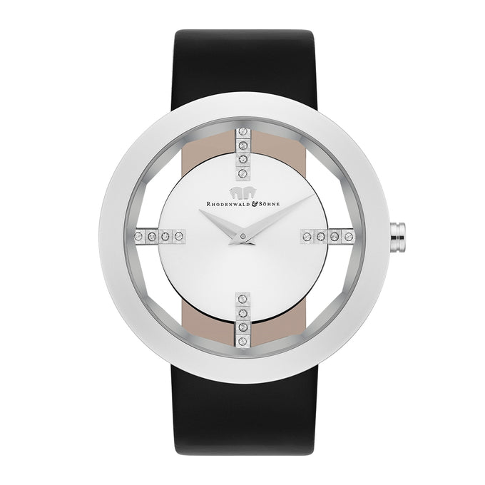 Damen Quarzuhr silber Echtleder schwarz