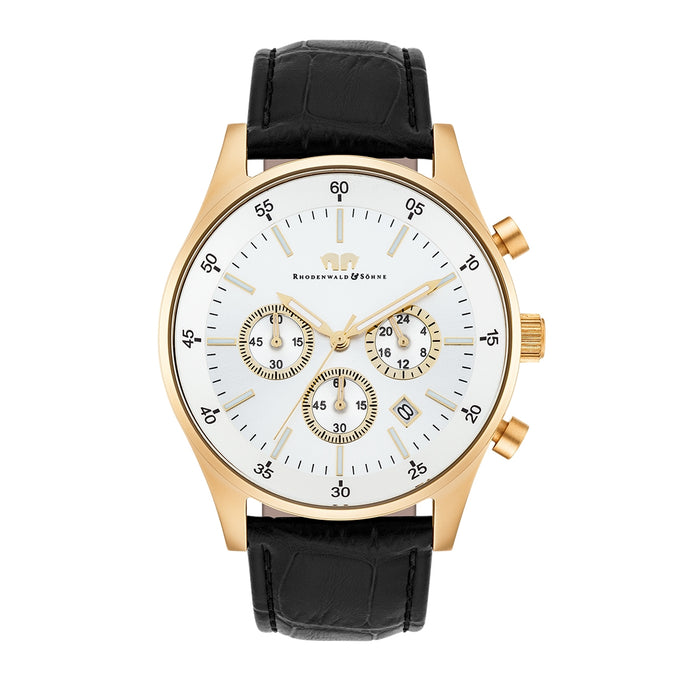Herren Chronograph gelbgold Echtleder schwarz