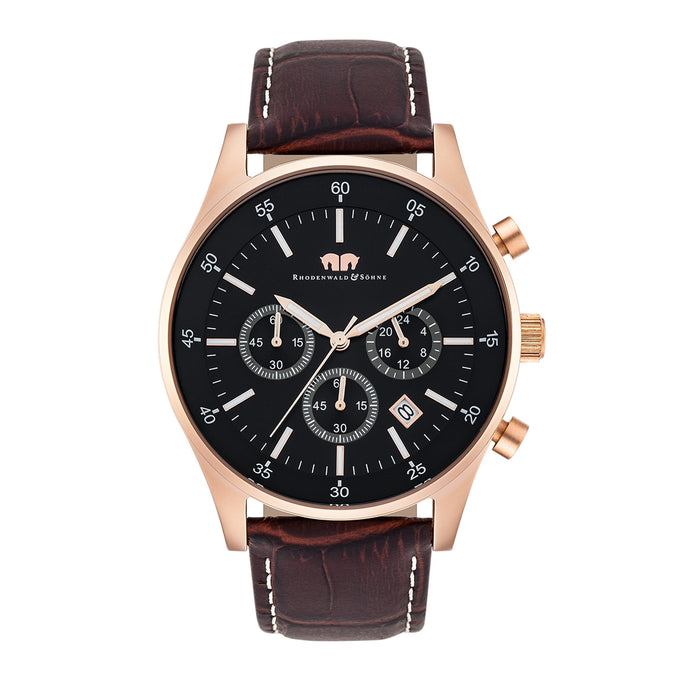 Herren Chronograph roségold Echtleder dunkelbraun