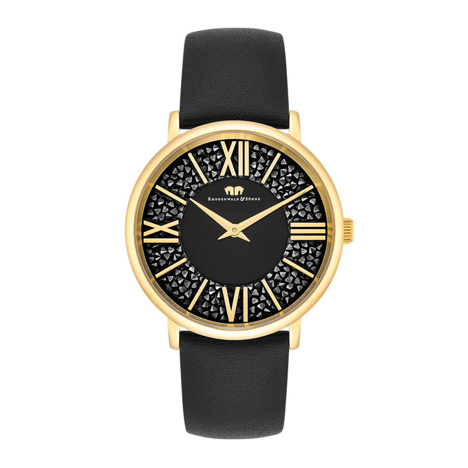 Damen Quarzuhr gelbgold Echtleder schwarz