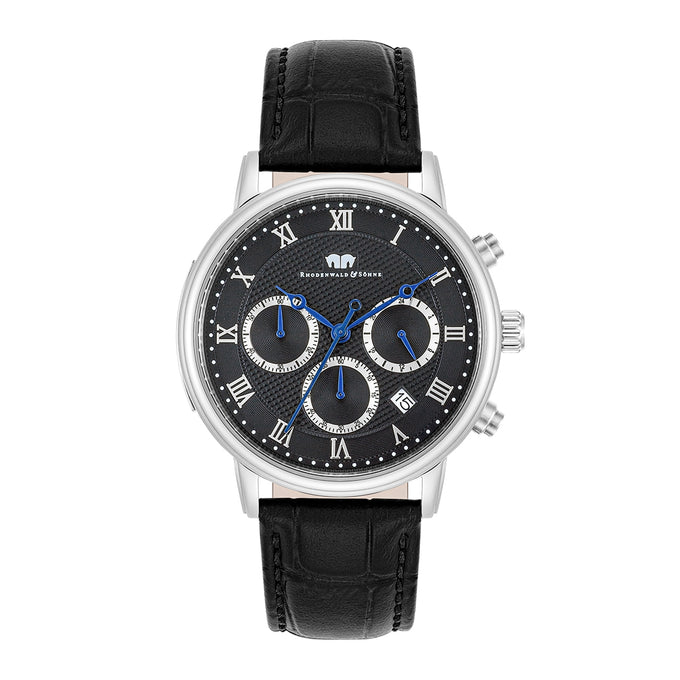 Herren Chronograph silber Echtleder schwarz
