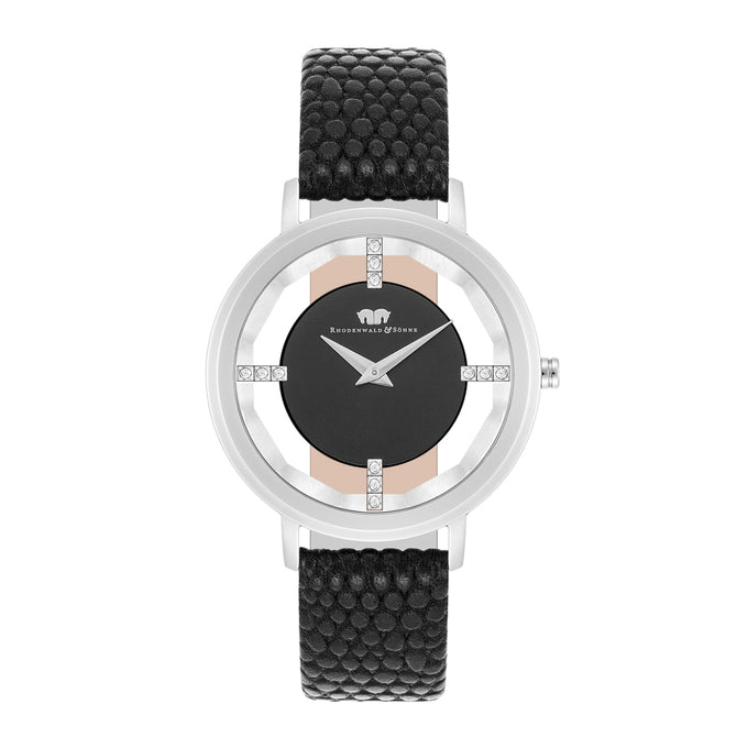 Damen Quarzuhr silber Echtleder schwarz