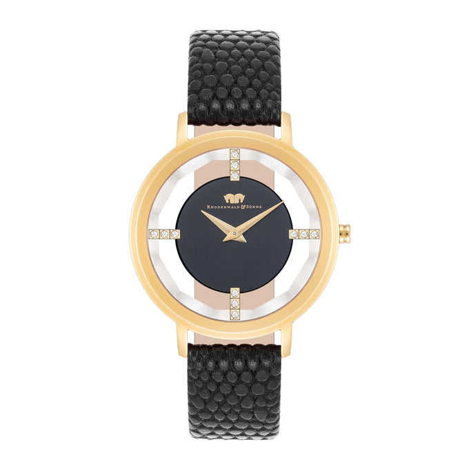 Damen Quarzuhr gelbgold Echtleder schwarz