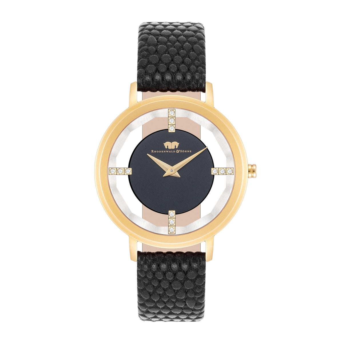 Damen Quarzuhr gelbgold Echtleder schwarz