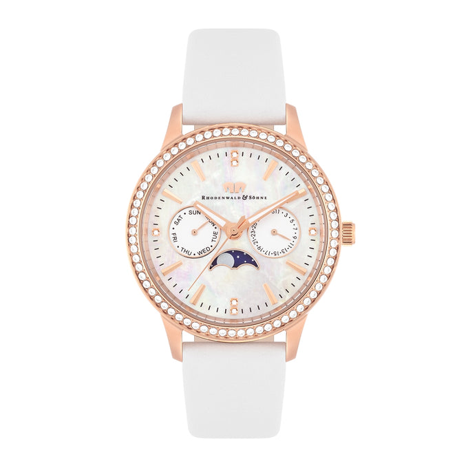 Damen Multifunktionsuhr roségold Echtleder weiß