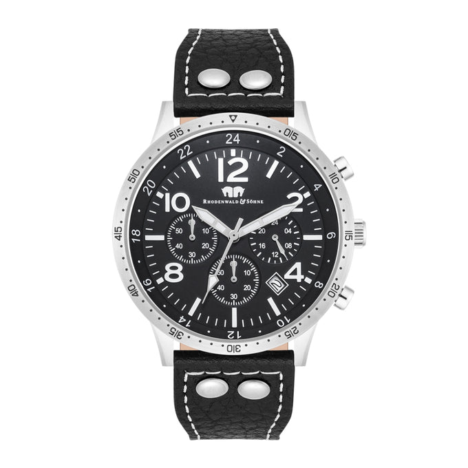 Herren Chronograph silber Echtleder schwarz