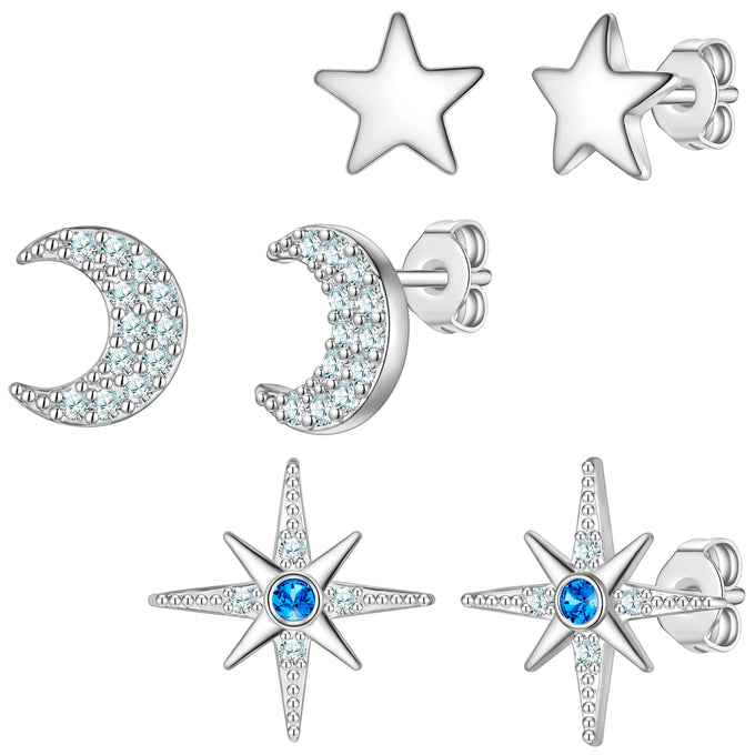 3er Set Ohrstecker Zirkonia weiß blau