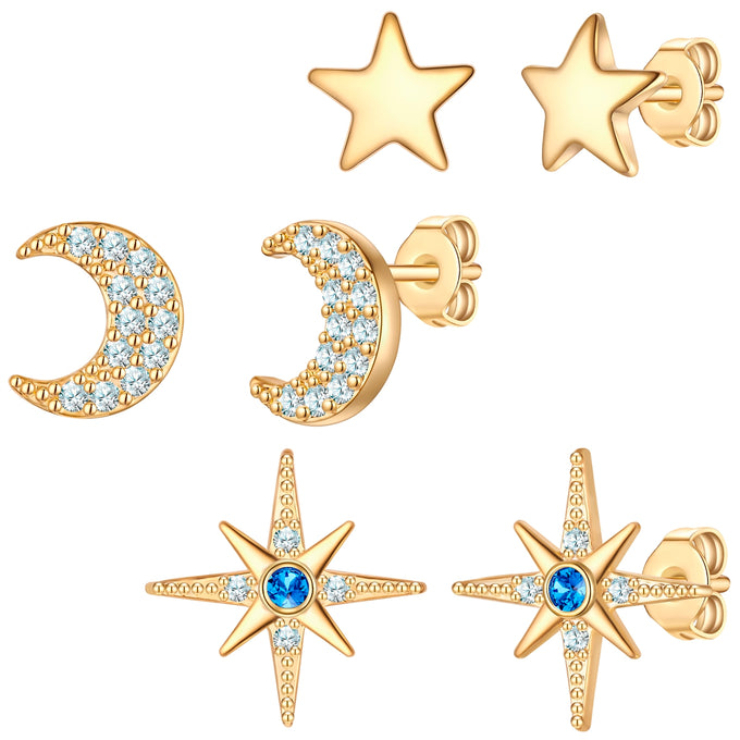 3er Set Ohrstecker gelbgold Zirkonia weiß blau