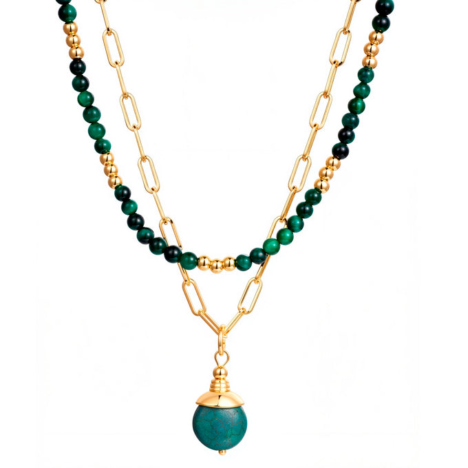 Kette mit Anhänger gelbgold Naturstein grün