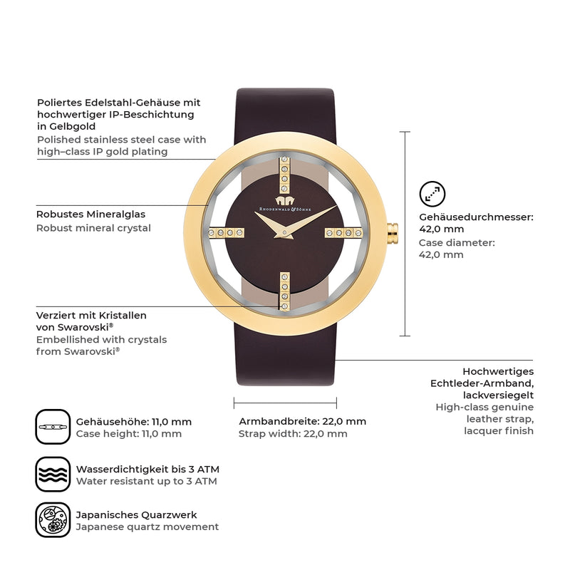 Damen Quarzuhr gelbgold Echtleder dunkelbraun