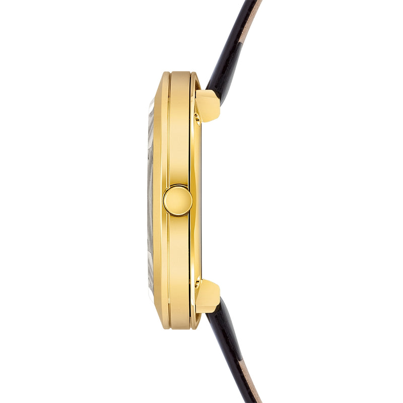 Damen Quarzuhr gelbgold Echtleder dunkelbraun