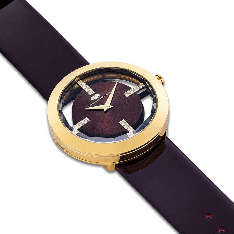 Damen Quarzuhr gelbgold Echtleder dunkelbraun