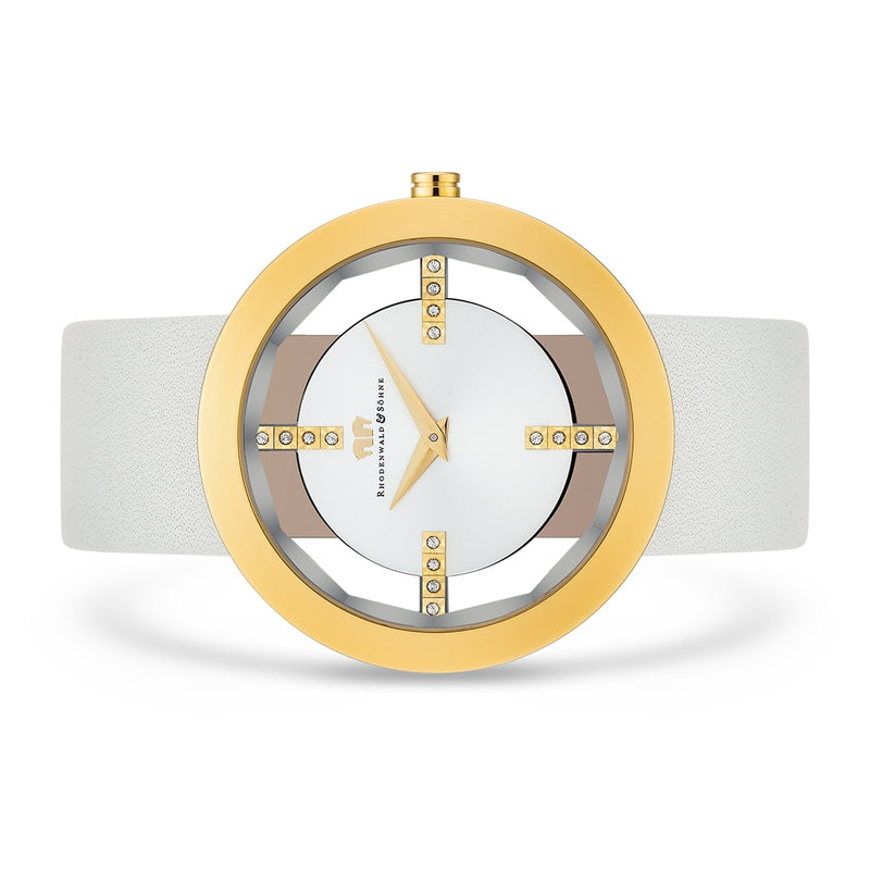 Damen Quarzuhr gelbgold Echtleder creme-weiß