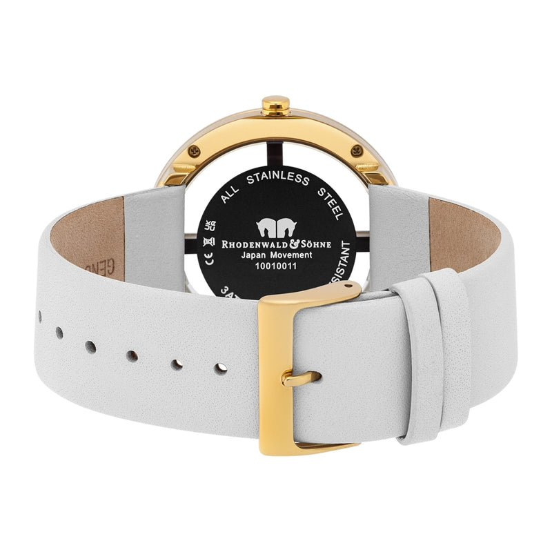 Damen Quarzuhr gelbgold Echtleder creme-weiß