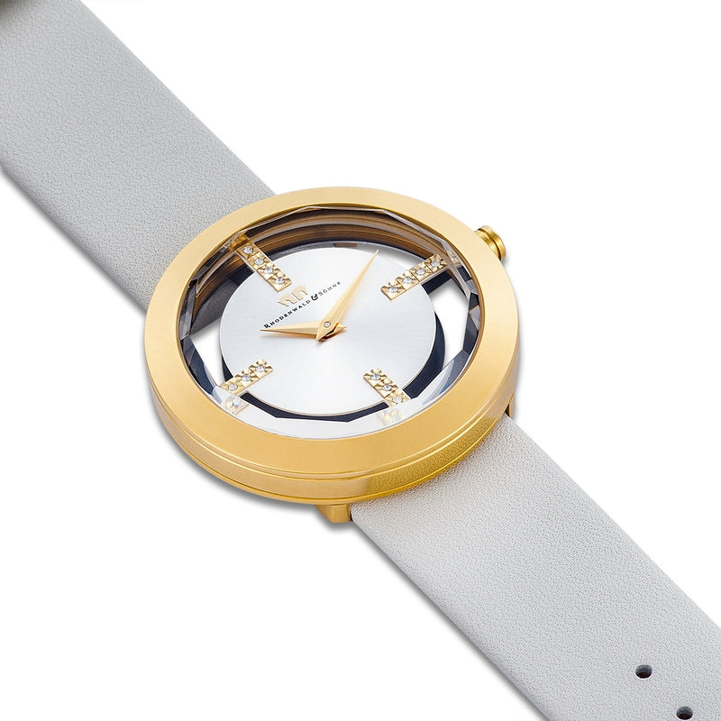 Damen Quarzuhr gelbgold Echtleder creme-weiß