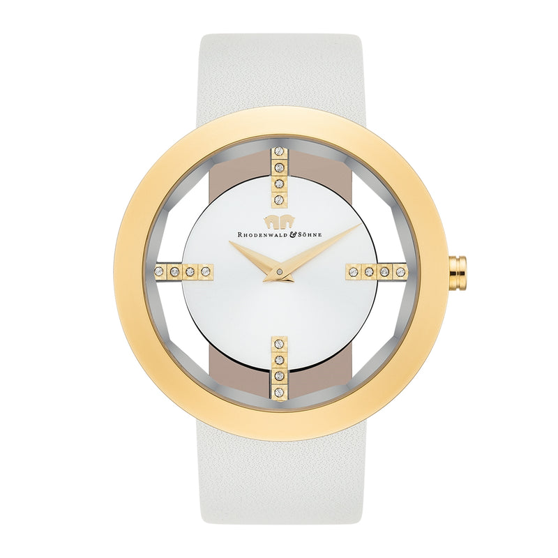 Damen Quarzuhr gelbgold Echtleder creme-weiß