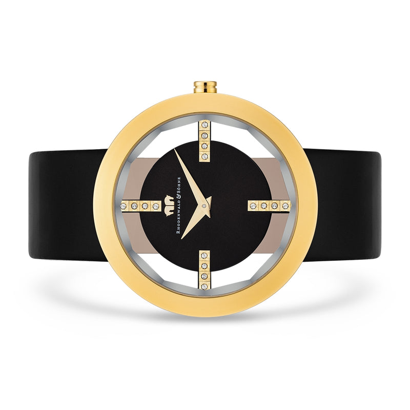 Damen Quarzuhr gelbgold Echtleder schwarz