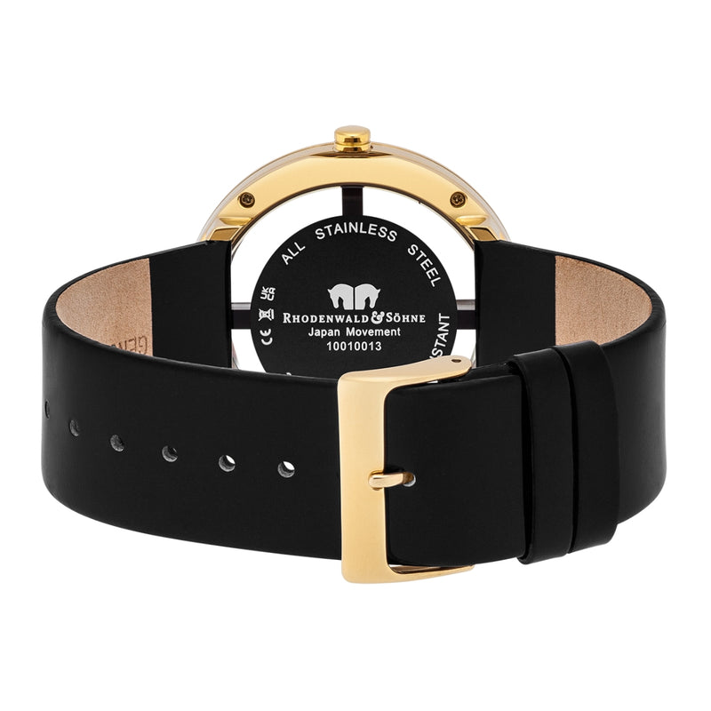 Damen Quarzuhr gelbgold Echtleder schwarz