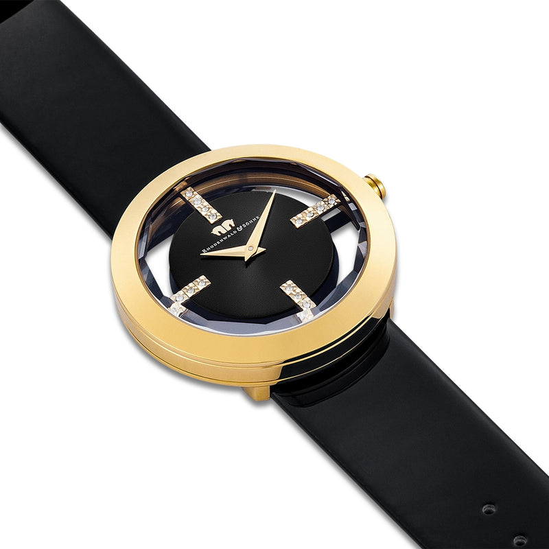 Damen Quarzuhr gelbgold Echtleder schwarz