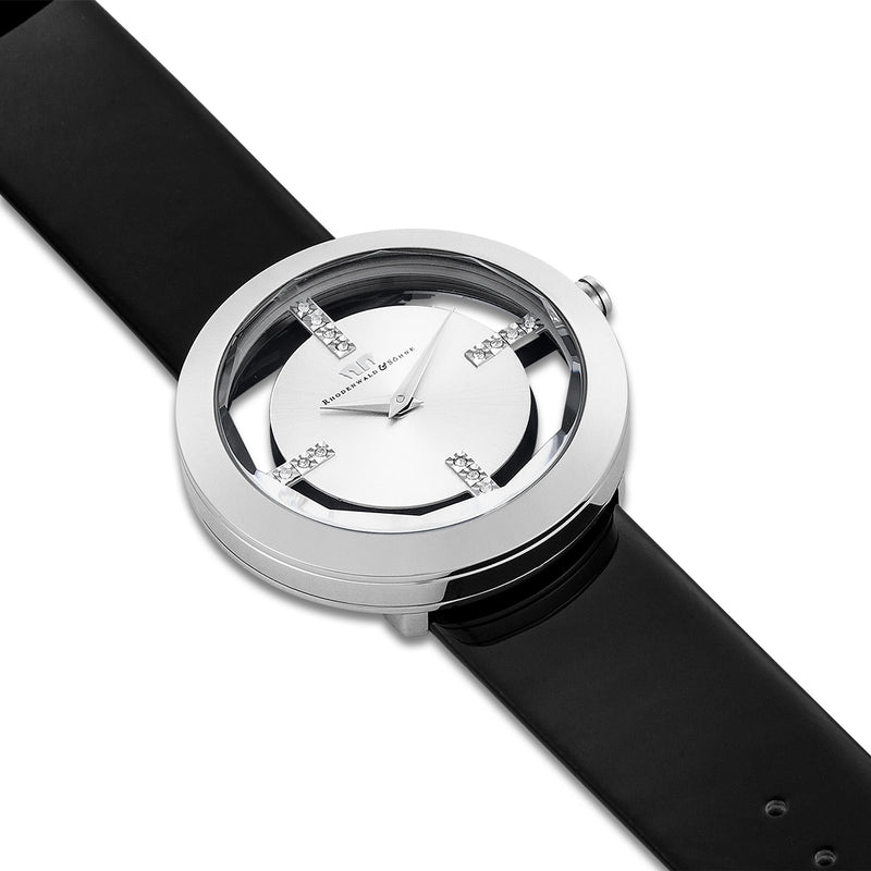 Damen Quarzuhr silber Echtleder schwarz