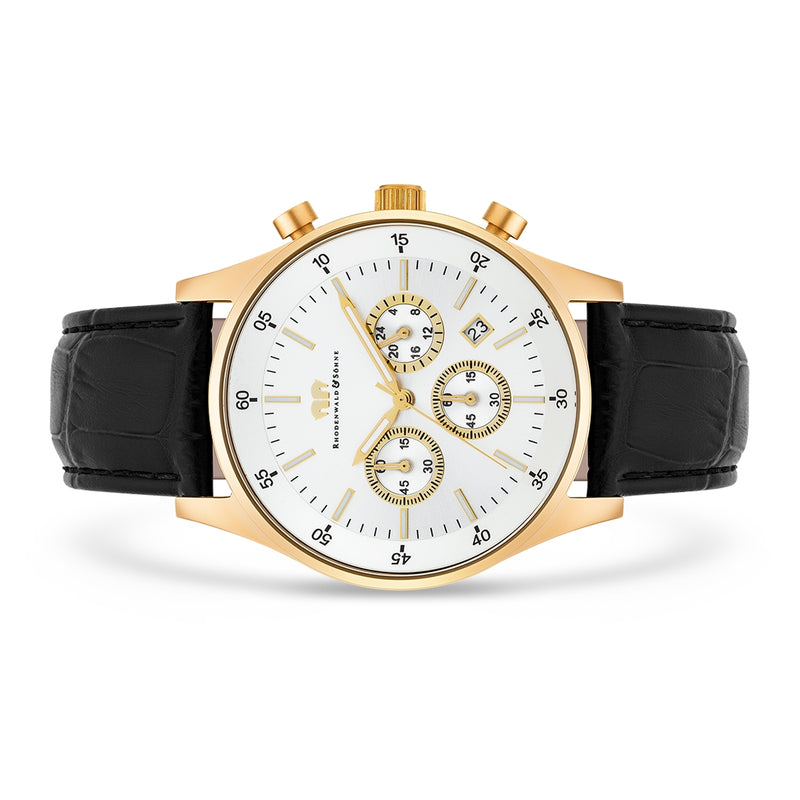 Herren Chronograph gelbgold Echtleder schwarz