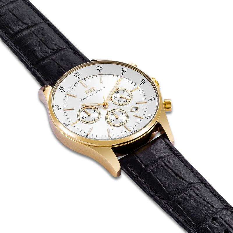 Herren Chronograph gelbgold Echtleder schwarz