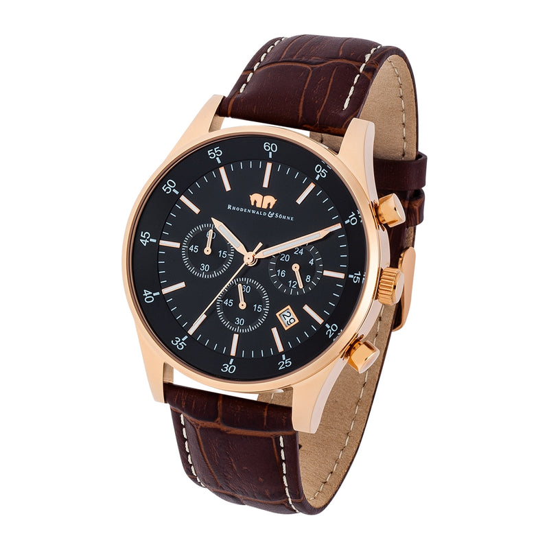 Herren Chronograph roségold Echtleder dunkelbraun