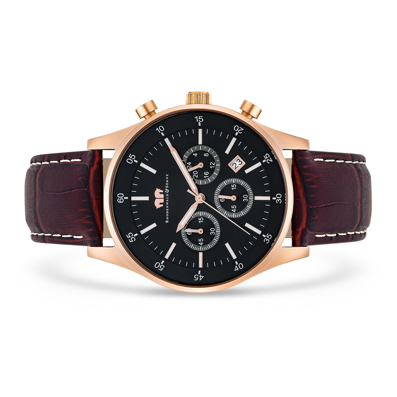 Herren Chronograph roségold Echtleder dunkelbraun