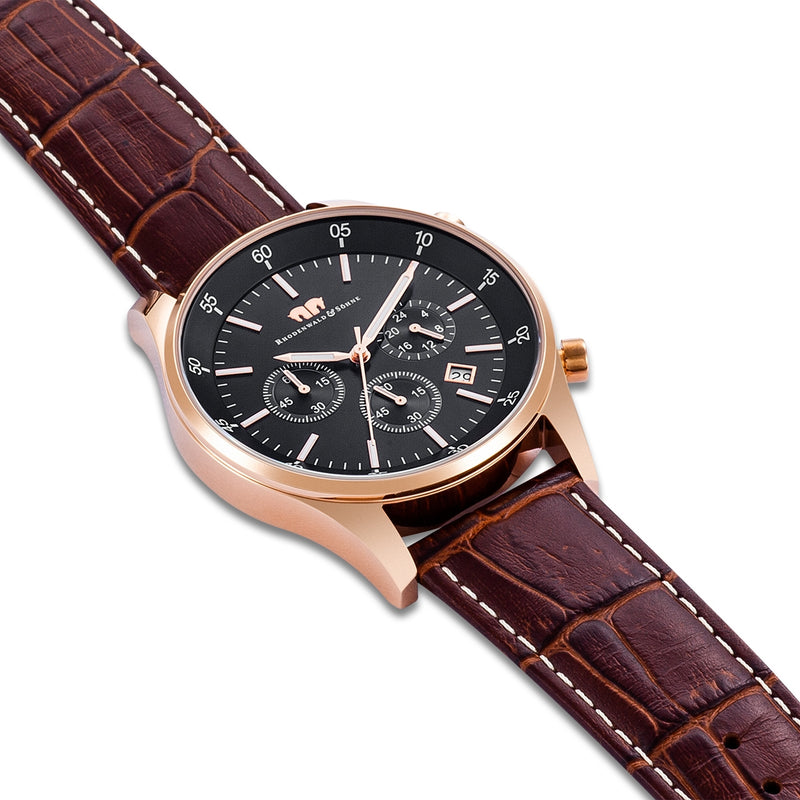 Herren Chronograph roségold Echtleder dunkelbraun