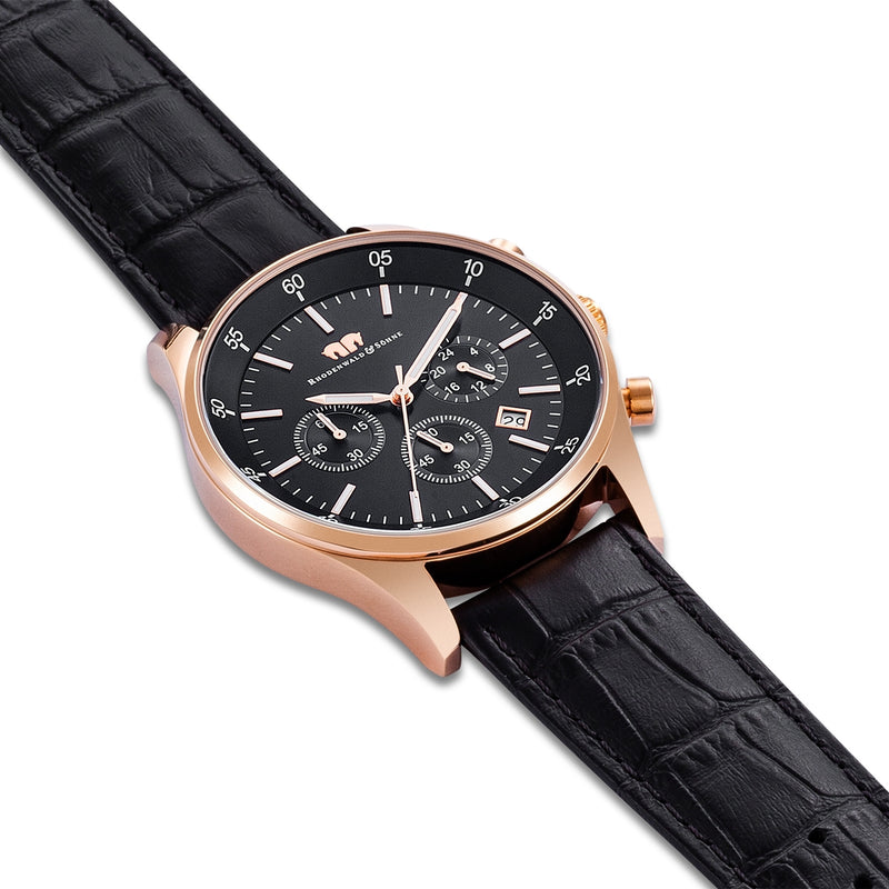 Herren Chronograph roségold Echtleder schwarz