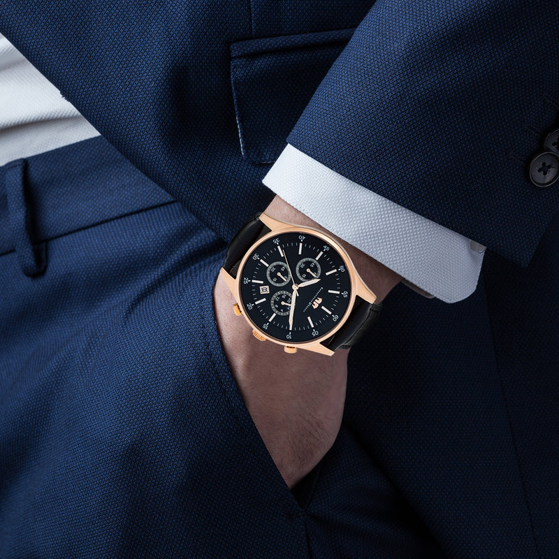 Herren Chronograph roségold Echtleder schwarz