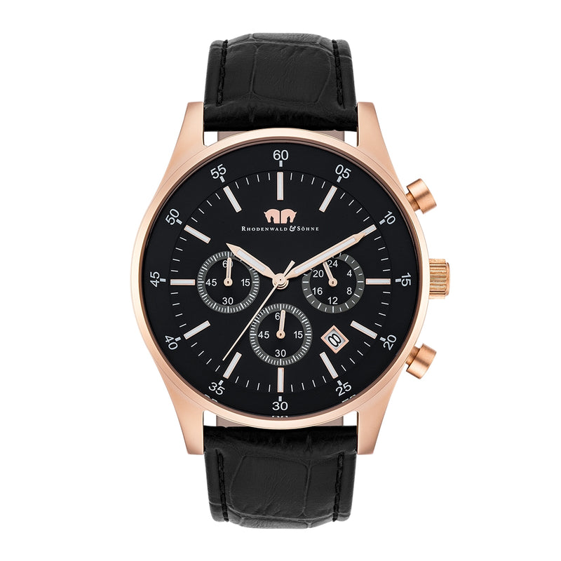Herren Chronograph roségold Echtleder schwarz