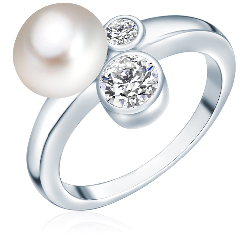 Ring Sterling Silber Süßwasser-Zuchtperle weiß Zirkonia weiß