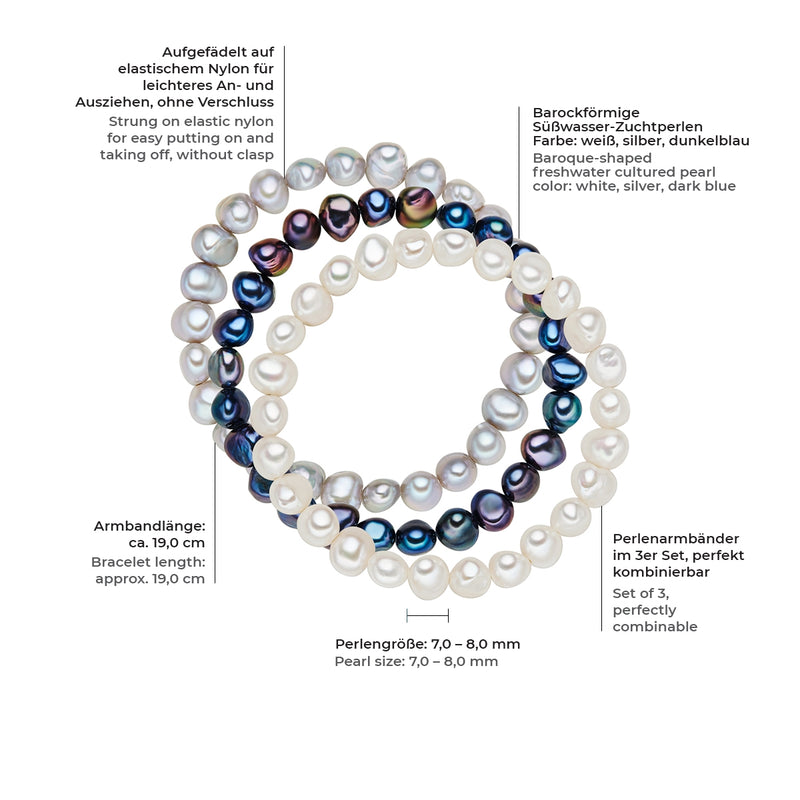 3er Set Armbänder Süßwasser-Zuchtperle multicolor