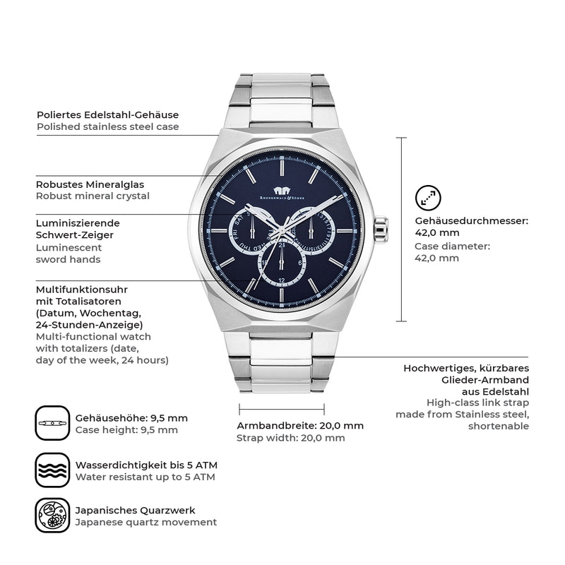 Herren Multifunktionsuhr silber Edelstahl silber