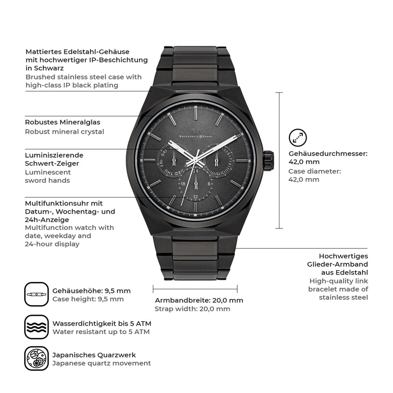 Herren Multifunktionsuhr schwarz Edelstahl schwarz