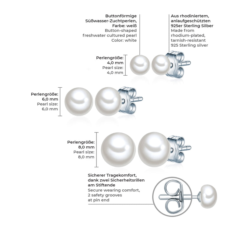 3er Set Ohrstecker Sterling Silber Süßwasser-Zuchtperlen weiß