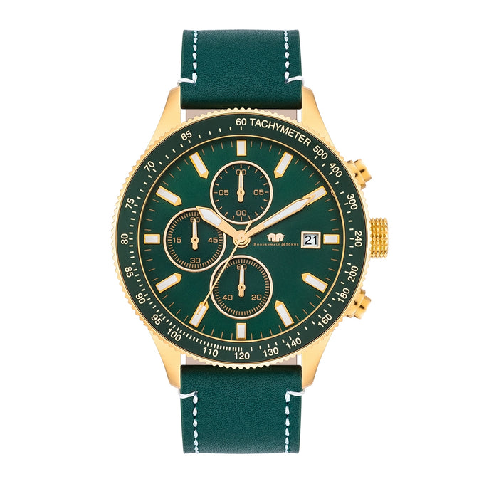 Herren Chronograph gelbgold Echtleder grün