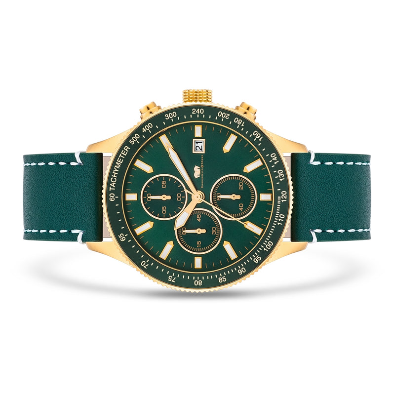 Herren Chronograph gelbgold Echtleder grün