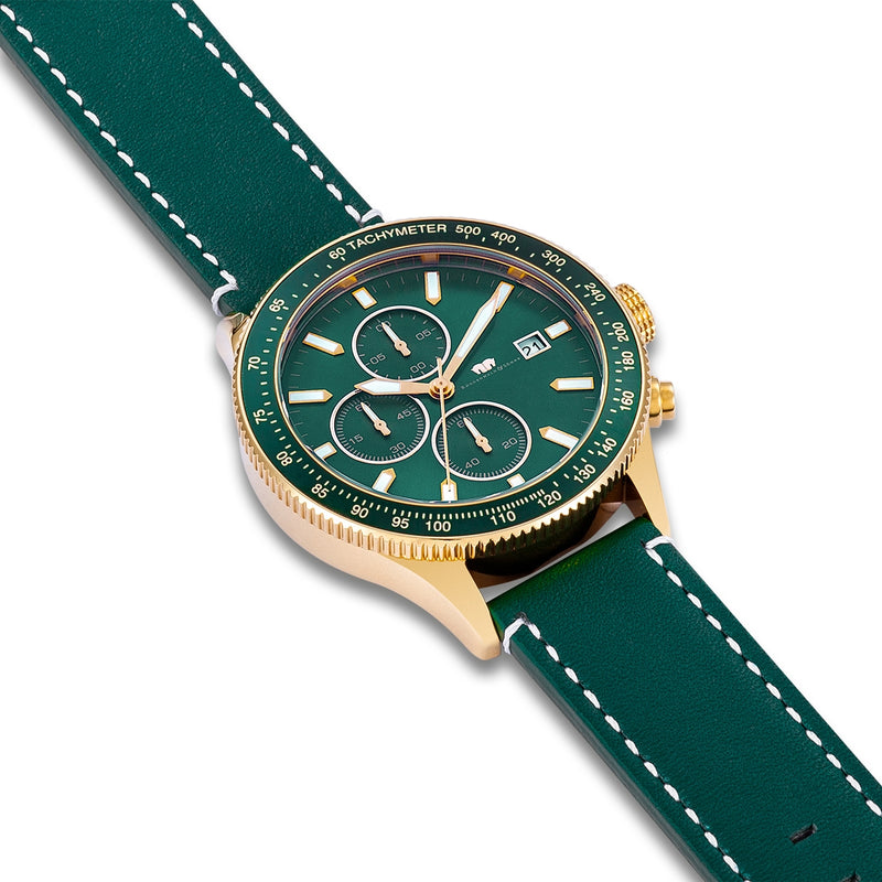 Herren Chronograph gelbgold Echtleder grün