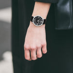 Damen Quarzuhr silber Echtleder schwarz