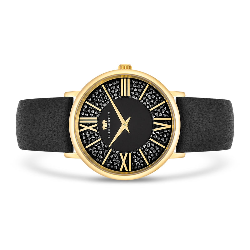 Damen Quarzuhr gelbgold Echtleder schwarz