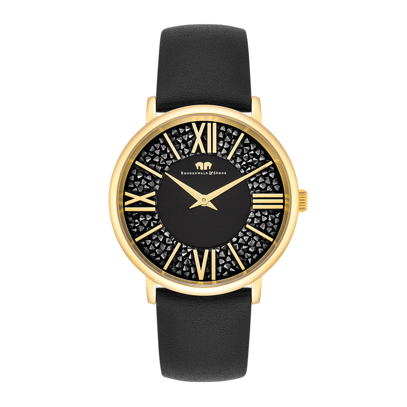 Damen Quarzuhr gelbgold Echtleder schwarz