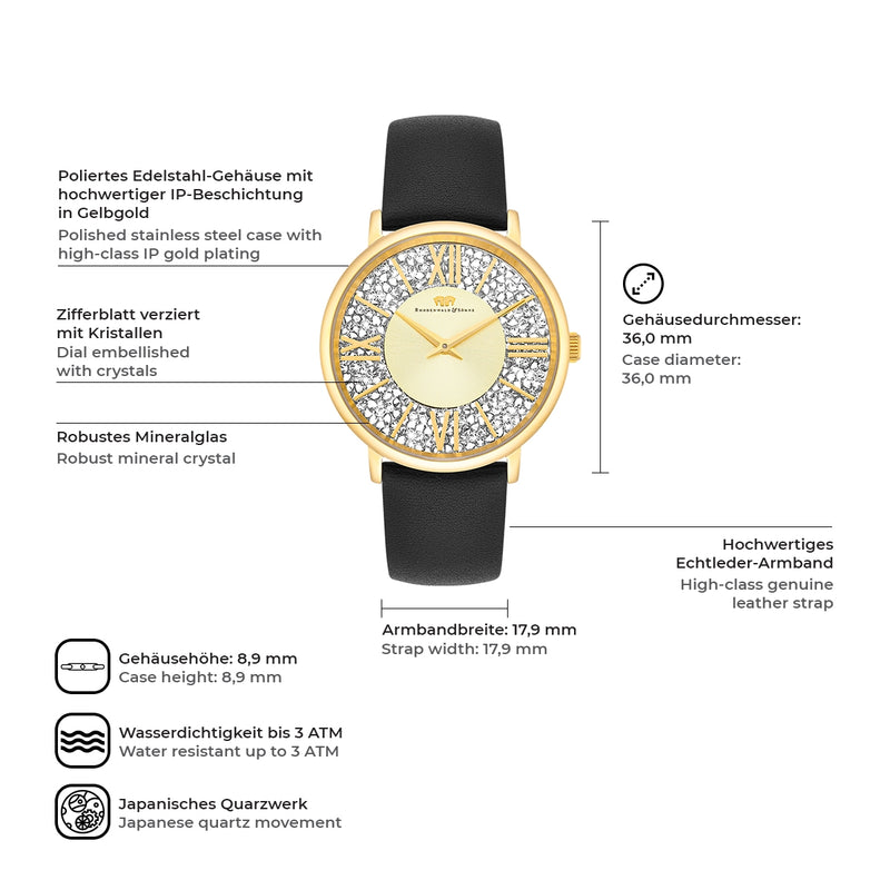 Damen Quarzuhr gelbgold Echtleder schwarz