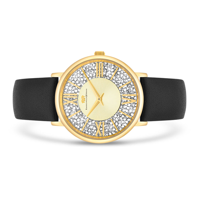 Damen Quarzuhr gelbgold Echtleder schwarz