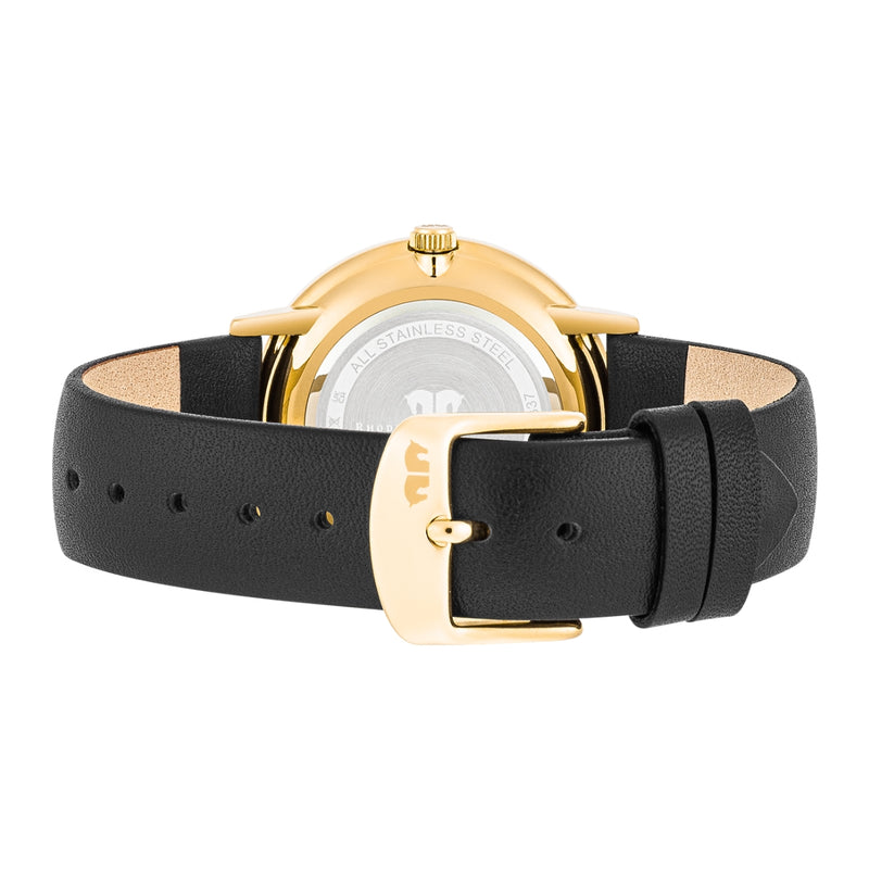 Damen Quarzuhr gelbgold Echtleder schwarz
