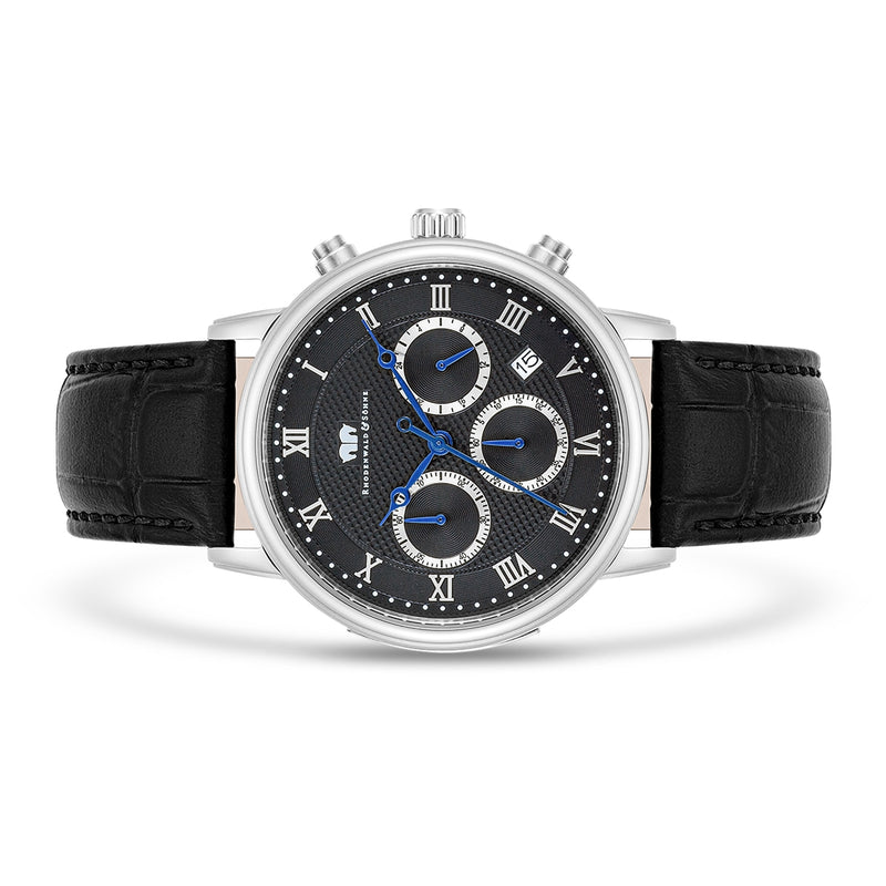 Herren Chronograph silber Echtleder schwarz