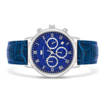 Herren Chronograph silber Echtleder blau