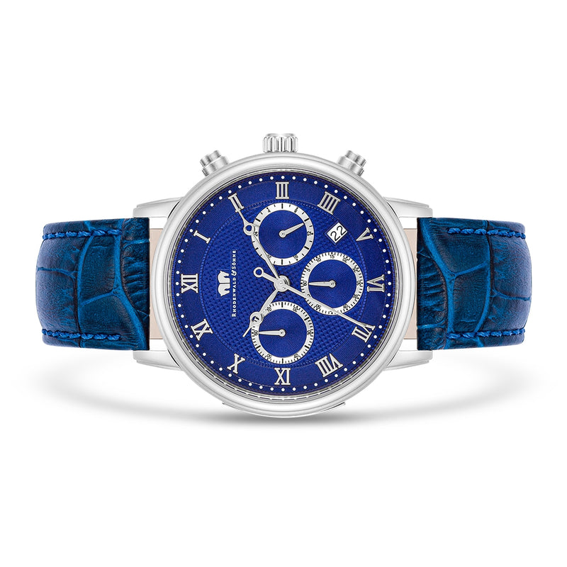 Herren Chronograph silber Echtleder blau