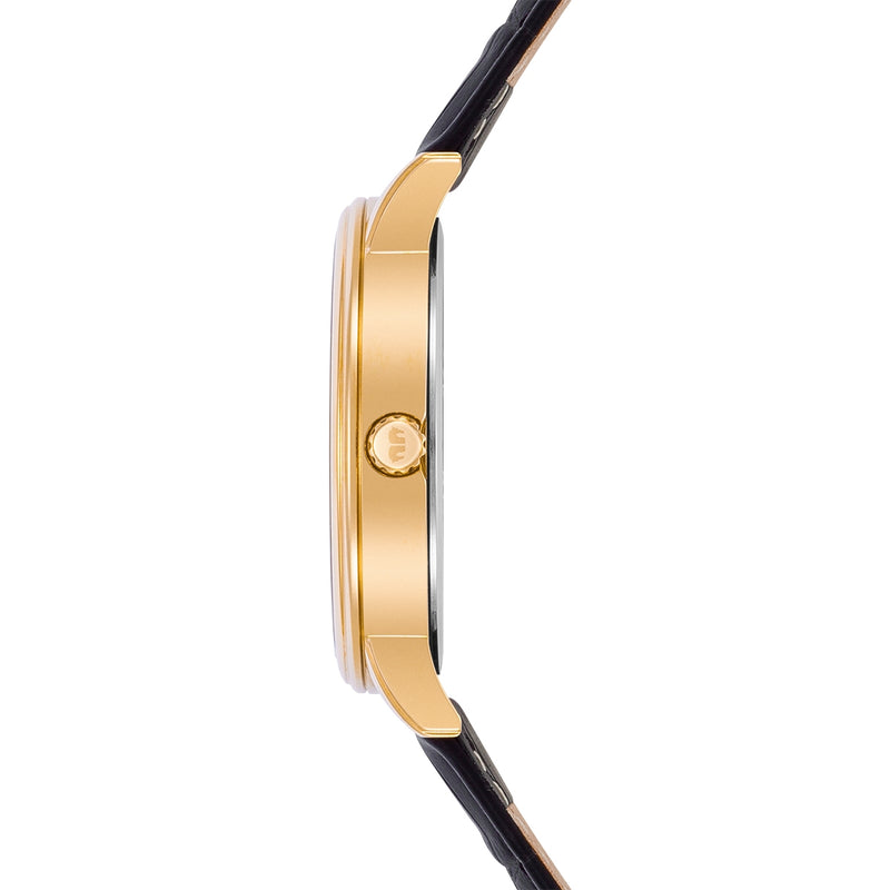 Herren Quarzuhr gelbgold Echtleder schwarz